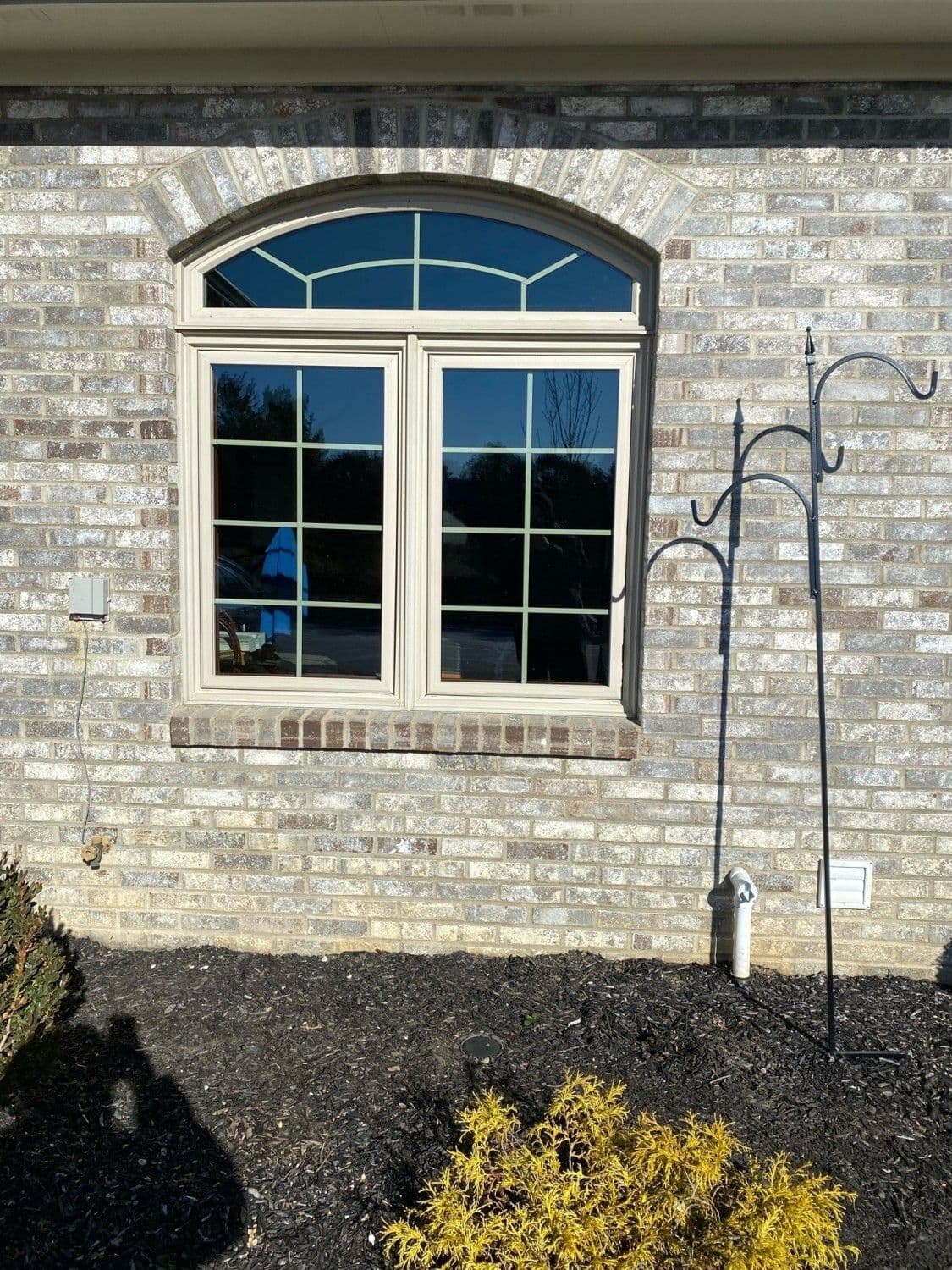 Cream-colored double casement window with arched transom on brick house exterior, flanked by metal plant hanger and fire hydrant